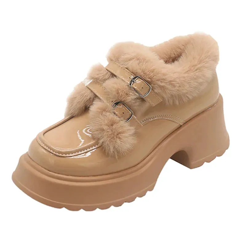 AMOZAE- - Cozy Chic Winter Warm Plush Patent Leather Platform Pumps