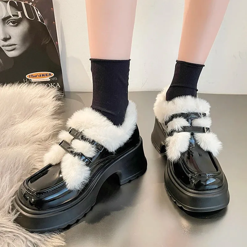 AMOZAE- - Cozy Chic Winter Warm Plush Patent Leather Platform Pumps