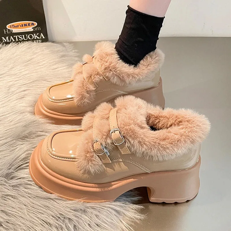 AMOZAE- - Cozy Chic Winter Warm Plush Patent Leather Platform Pumps