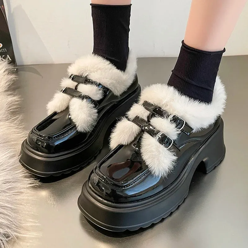 AMOZAE- - Cozy Chic Winter Warm Plush Patent Leather Platform Pumps