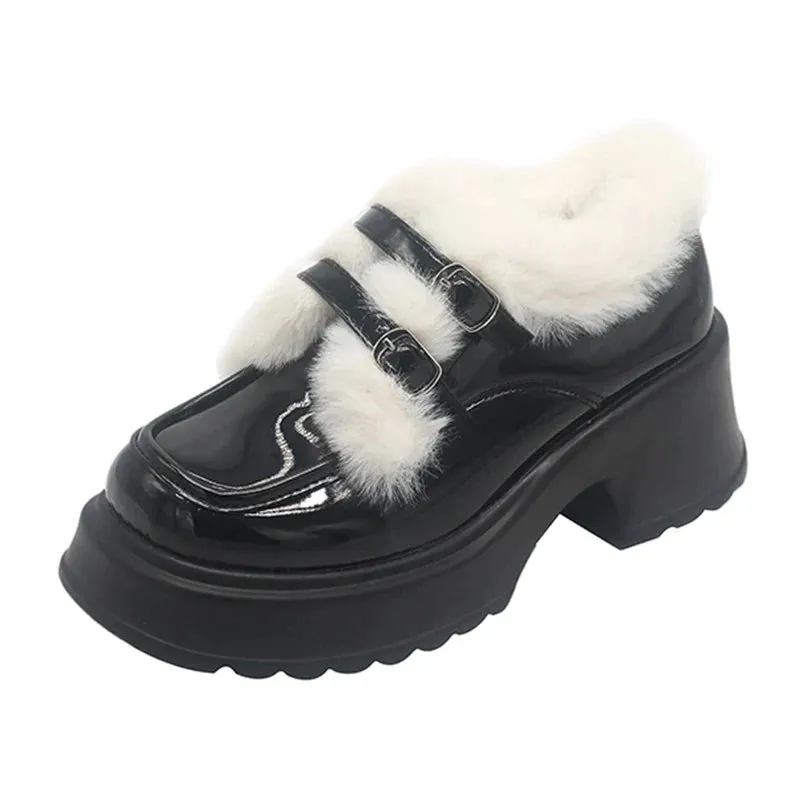 AMOZAE- - Cozy Chic Winter Warm Plush Patent Leather Platform Pumps