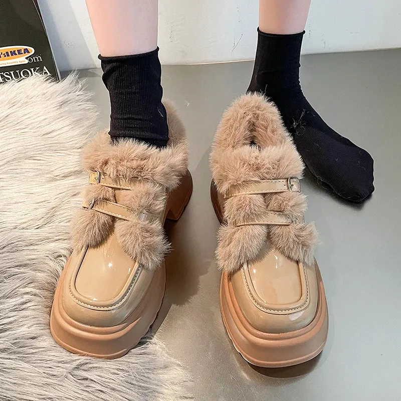AMOZAE- - Cozy Chic Winter Warm Plush Patent Leather Platform Pumps