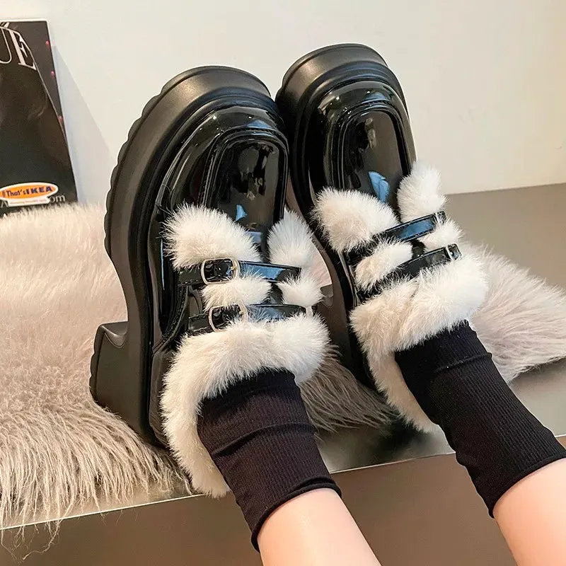 AMOZAE- - Cozy Chic Winter Warm Plush Patent Leather Platform Pumps