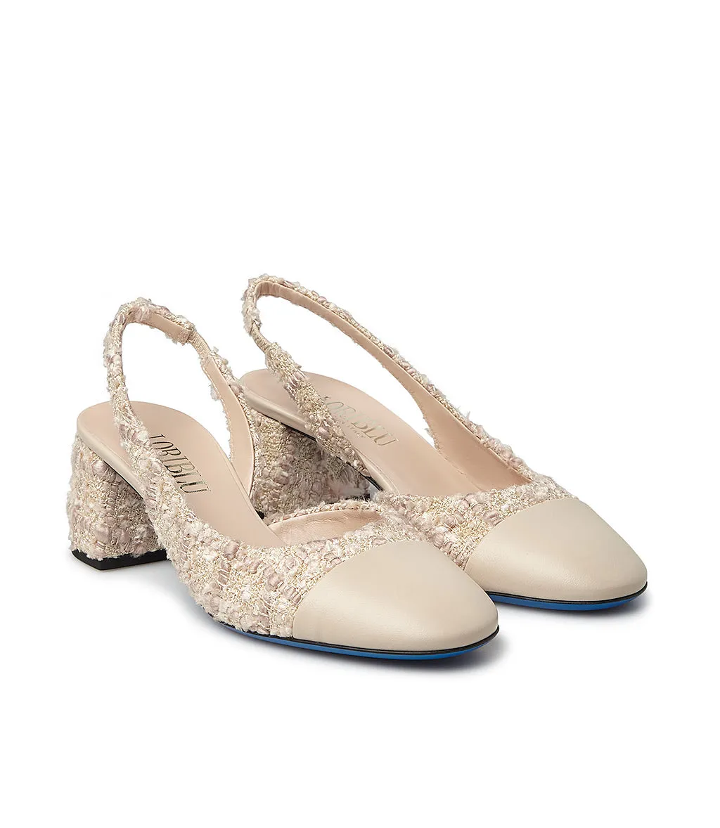 Beige tweed fabric and nappa leather slingback pumps