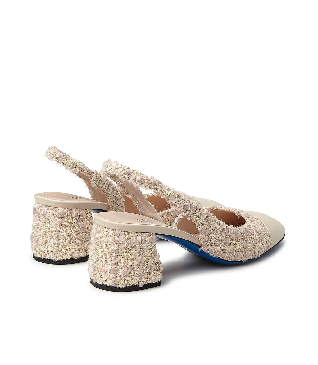 Beige tweed fabric and nappa leather slingback pumps