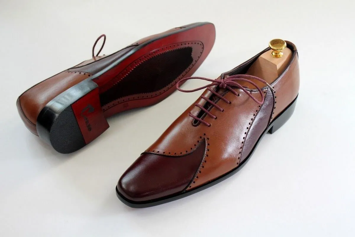 Bespoke Brown and Burgundy Leather Lace Up Stylish Shoe for Men
