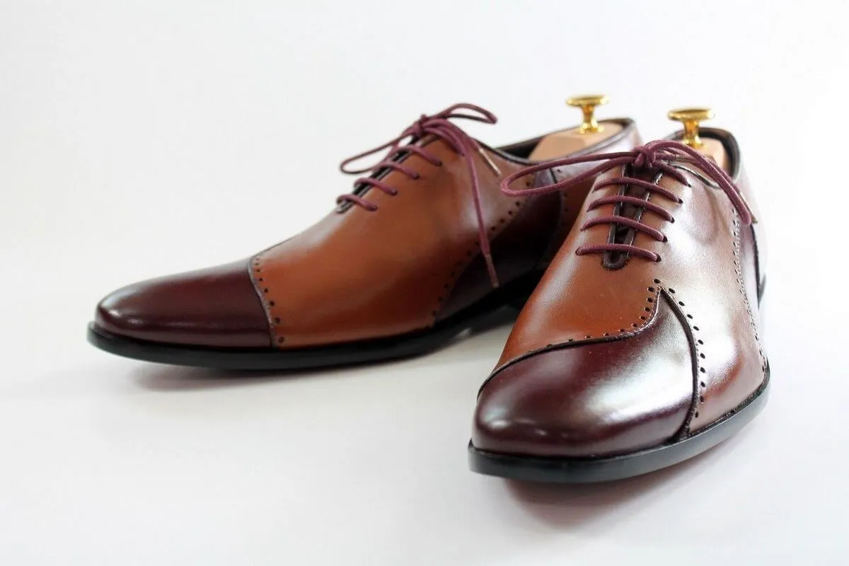 Bespoke Brown and Burgundy Leather Lace Up Stylish Shoe for Men