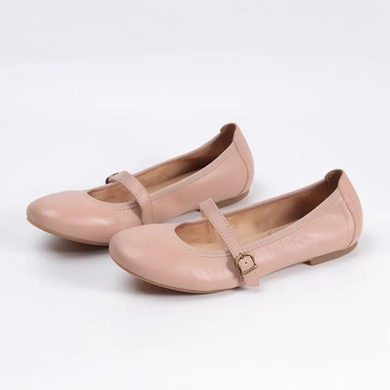 Handmade Leather Flat Mary Jane Shoes For Womens Round Toe 6 Colors