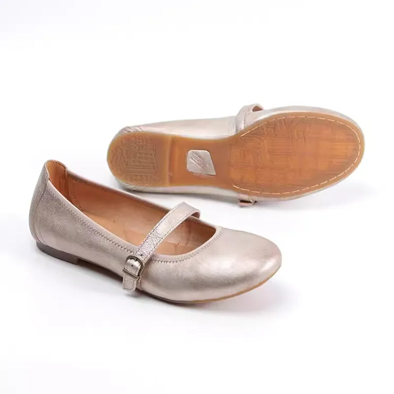 Handmade Leather Flat Mary Jane Shoes For Womens Round Toe 6 Colors