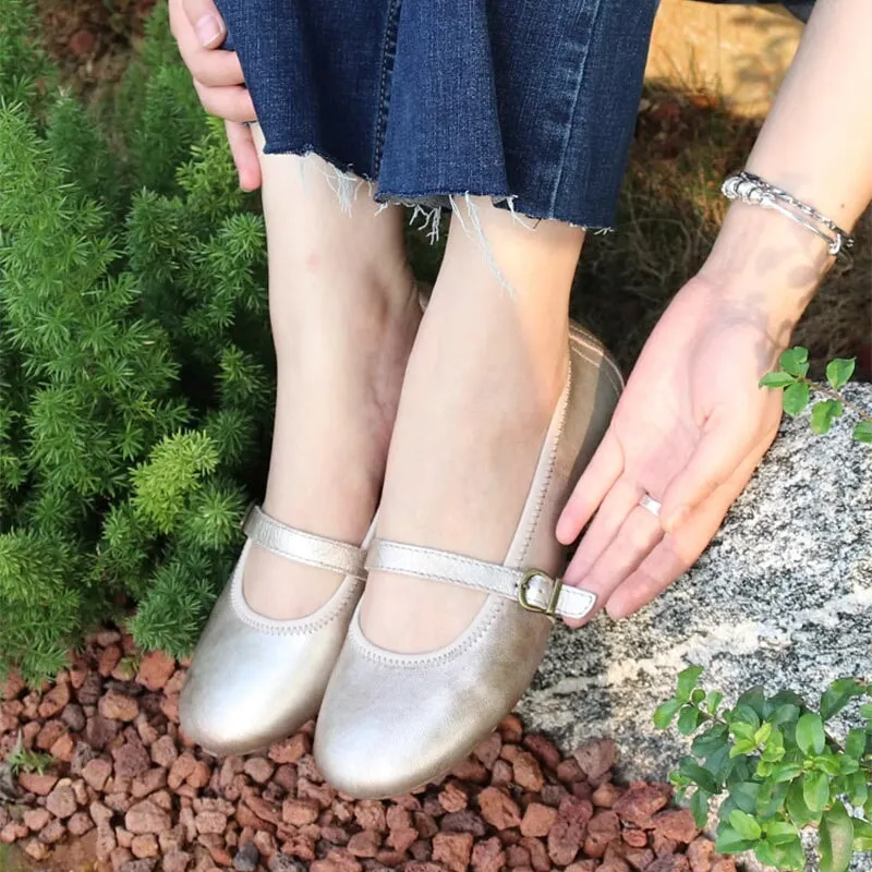 Handmade Leather Flat Mary Jane Shoes For Womens Round Toe 6 Colors