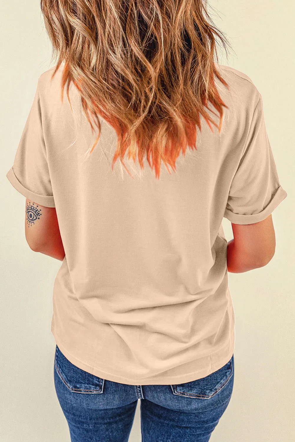 Khaki Sequined Western Boots Crew Neck Graphic Tee