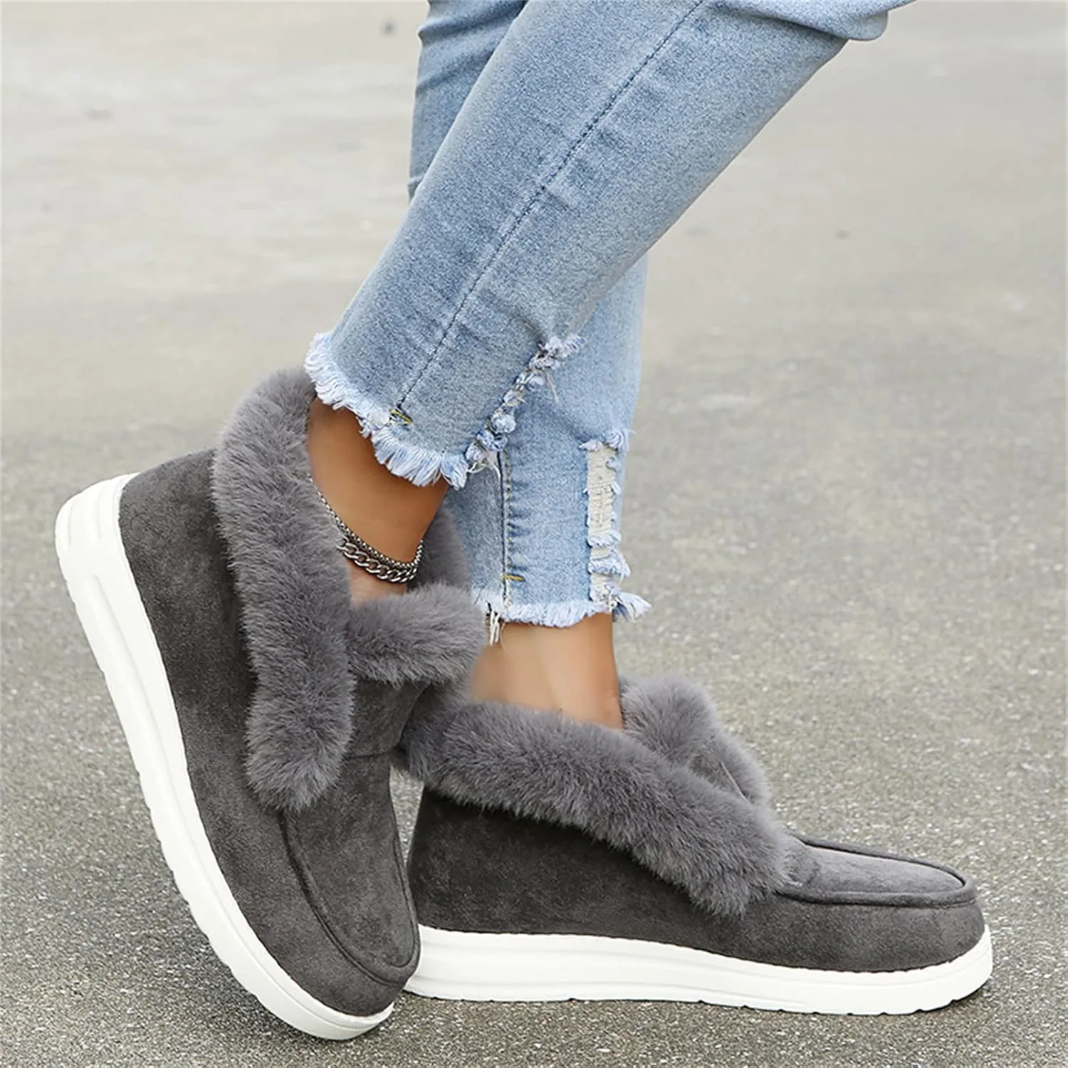 Lausiuoe Cute Winter Boots For Women Fashion Snow Boots Classic Fuzzy Fur Lining Slip On Ankle Booties Warm Loafers Shoes