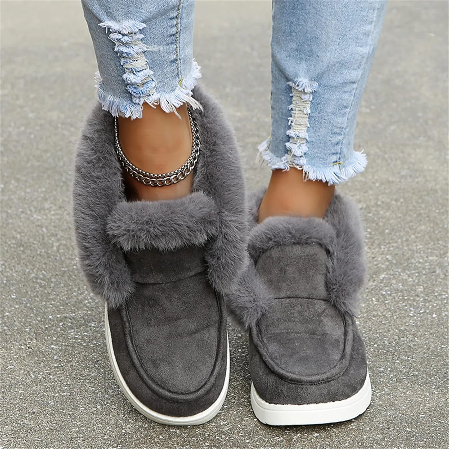 Lausiuoe Cute Winter Boots For Women Fashion Snow Boots Classic Fuzzy Fur Lining Slip On Ankle Booties Warm Loafers Shoes