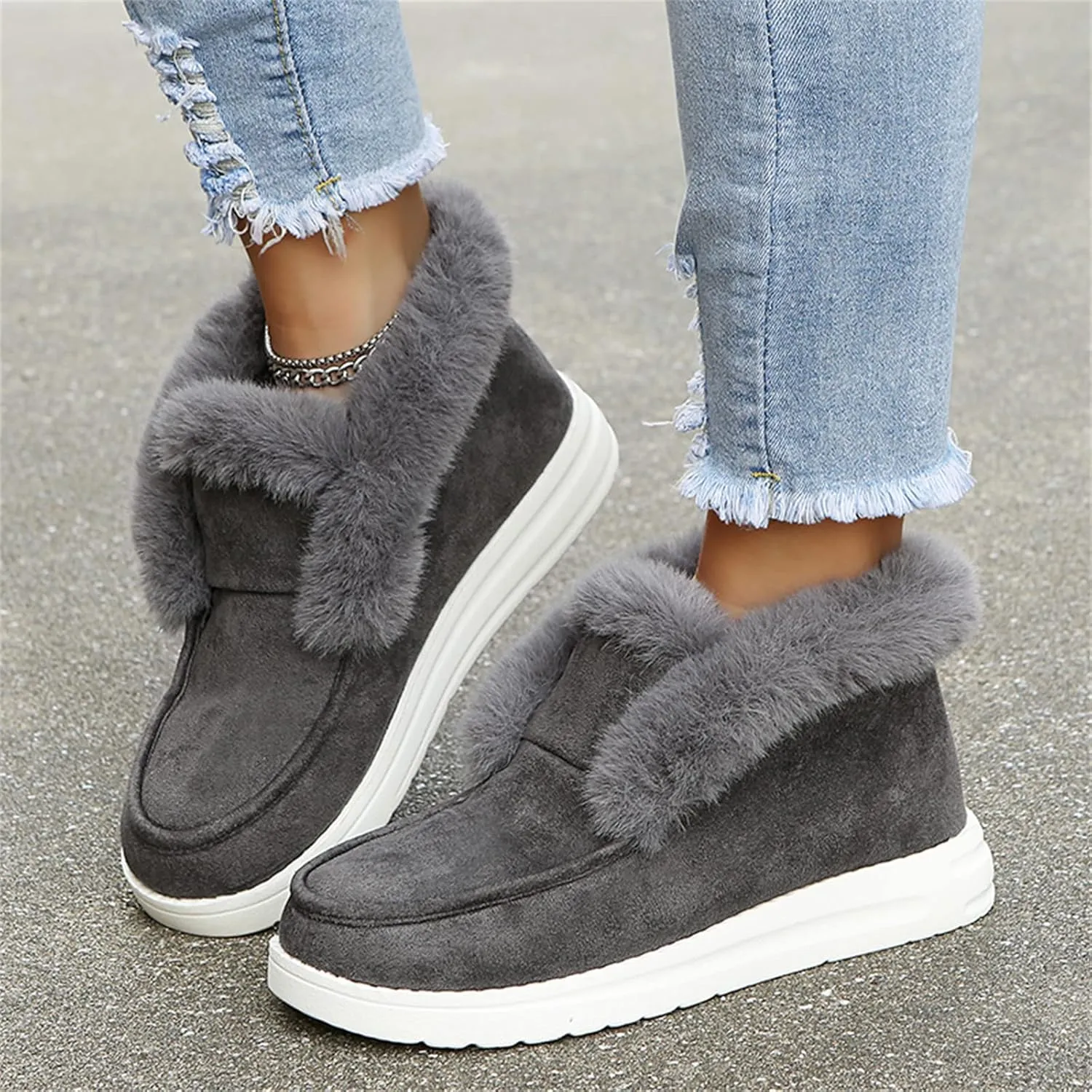 Lausiuoe Cute Winter Boots For Women Fashion Snow Boots Classic Fuzzy Fur Lining Slip On Ankle Booties Warm Loafers Shoes