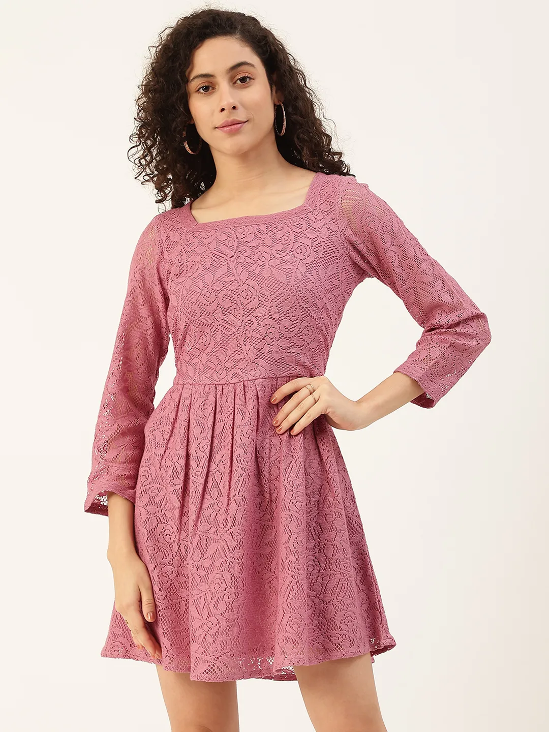 Lavender Lace Belted A-Line Dress