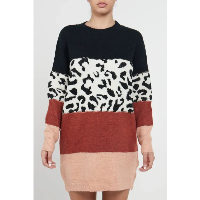 Leopard Colour Block Sweater Dress