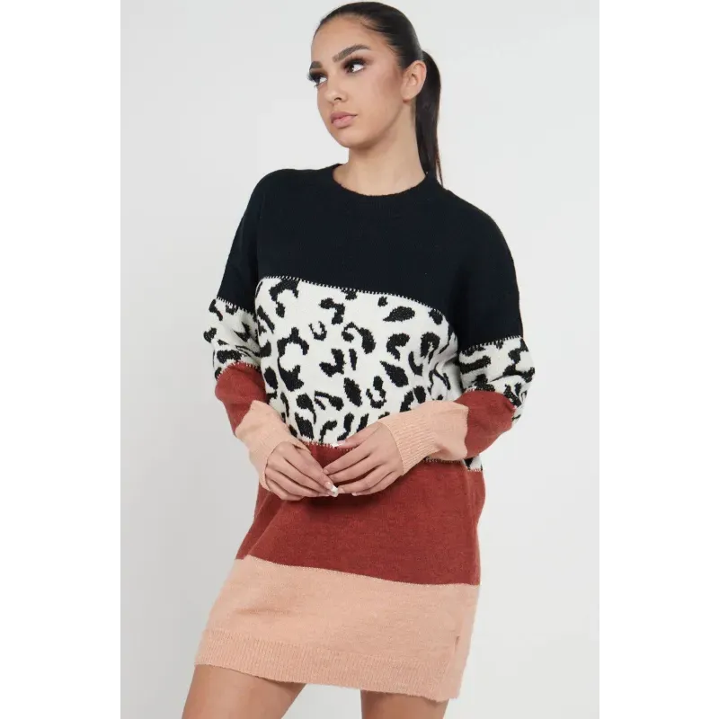 Leopard Colour Block Sweater Dress