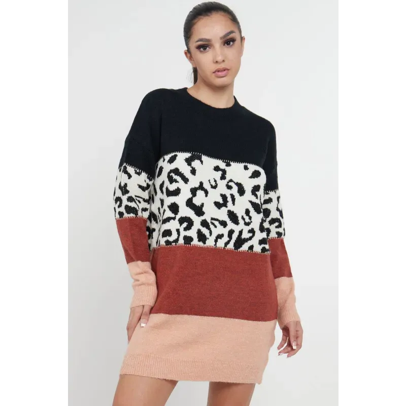 Leopard Colour Block Sweater Dress