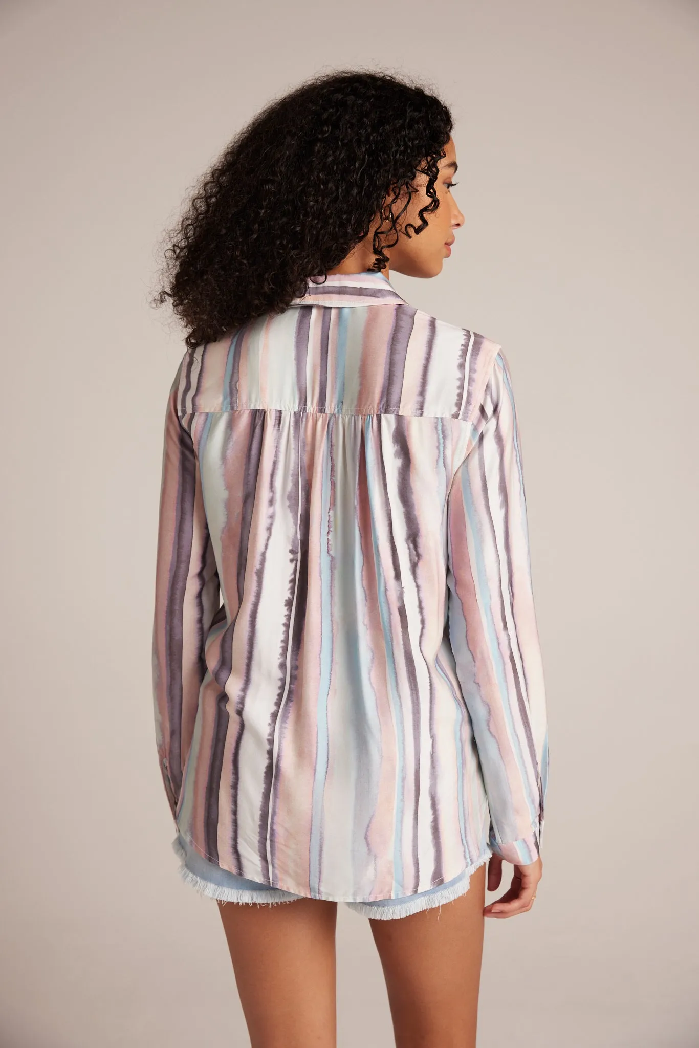 Long Sleeve Rounded Hem Button Down - Coastal Stripe Print