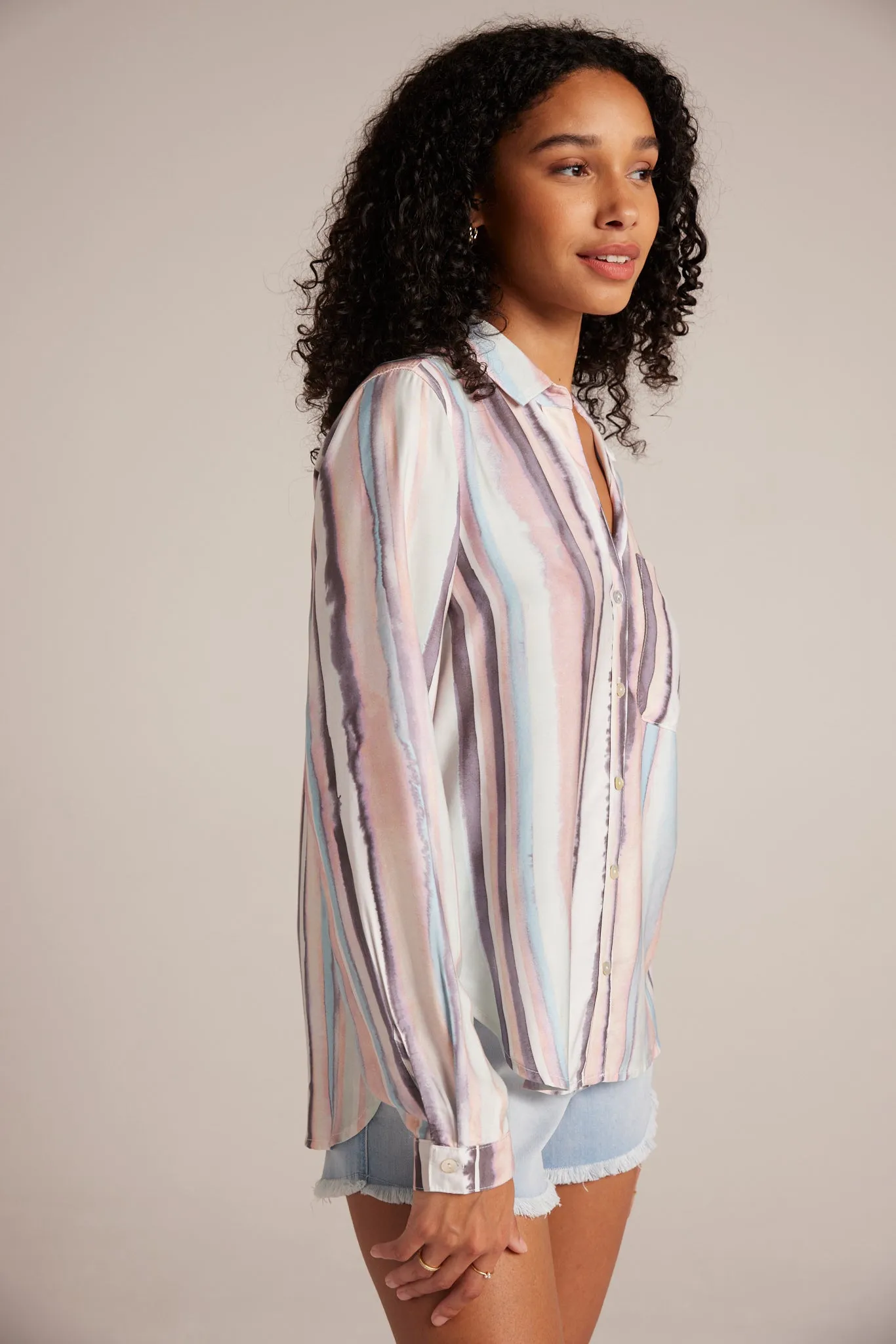 Long Sleeve Rounded Hem Button Down - Coastal Stripe Print