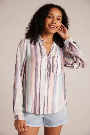 Long Sleeve Rounded Hem Button Down - Coastal Stripe Print