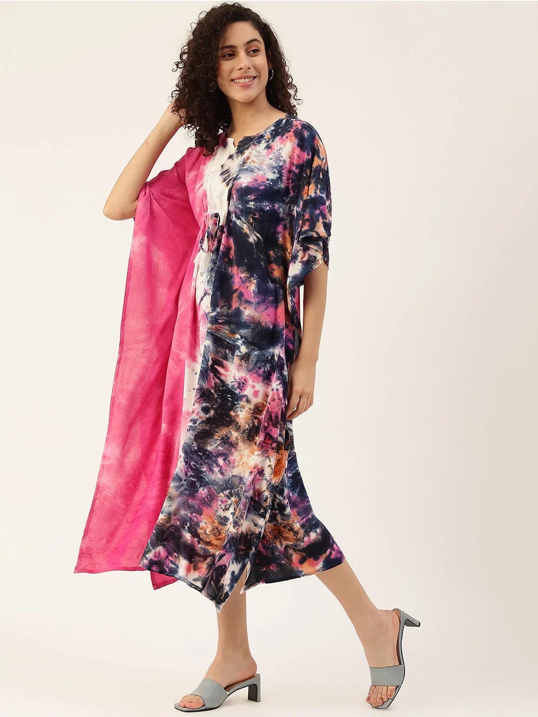 Pink-Blue Tie dye Rayon Kaftan