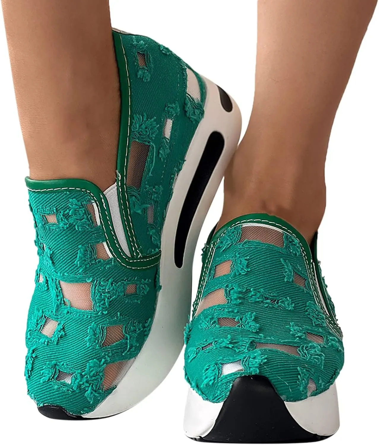Platform Wedge Sneakers for Women Mesh Floral Embroidery Breathable Walking Shoes Air Comfort Chunky Slip On Arch Support Work Shoes