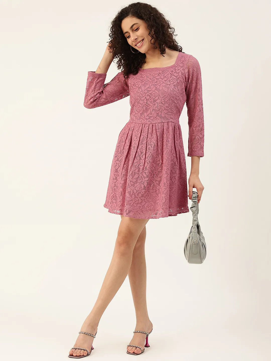 Rayon Lace Belted Lavender A-Line Dress