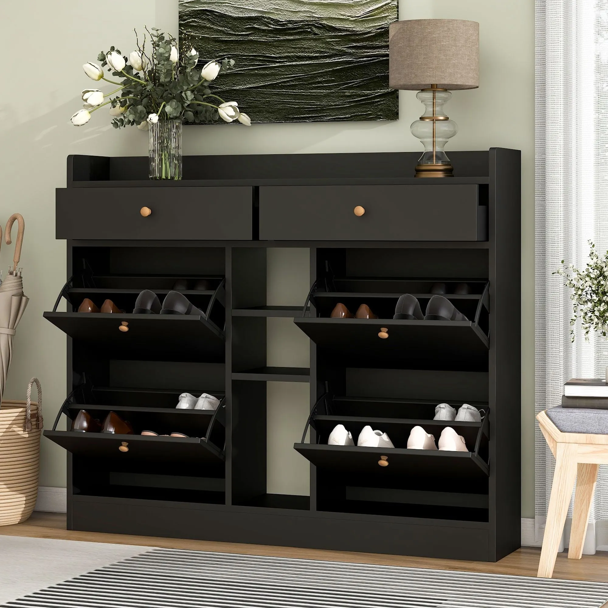timeless Shoe Cabinet with 4 Flip Drawers and 2 Storage Drawers- Black