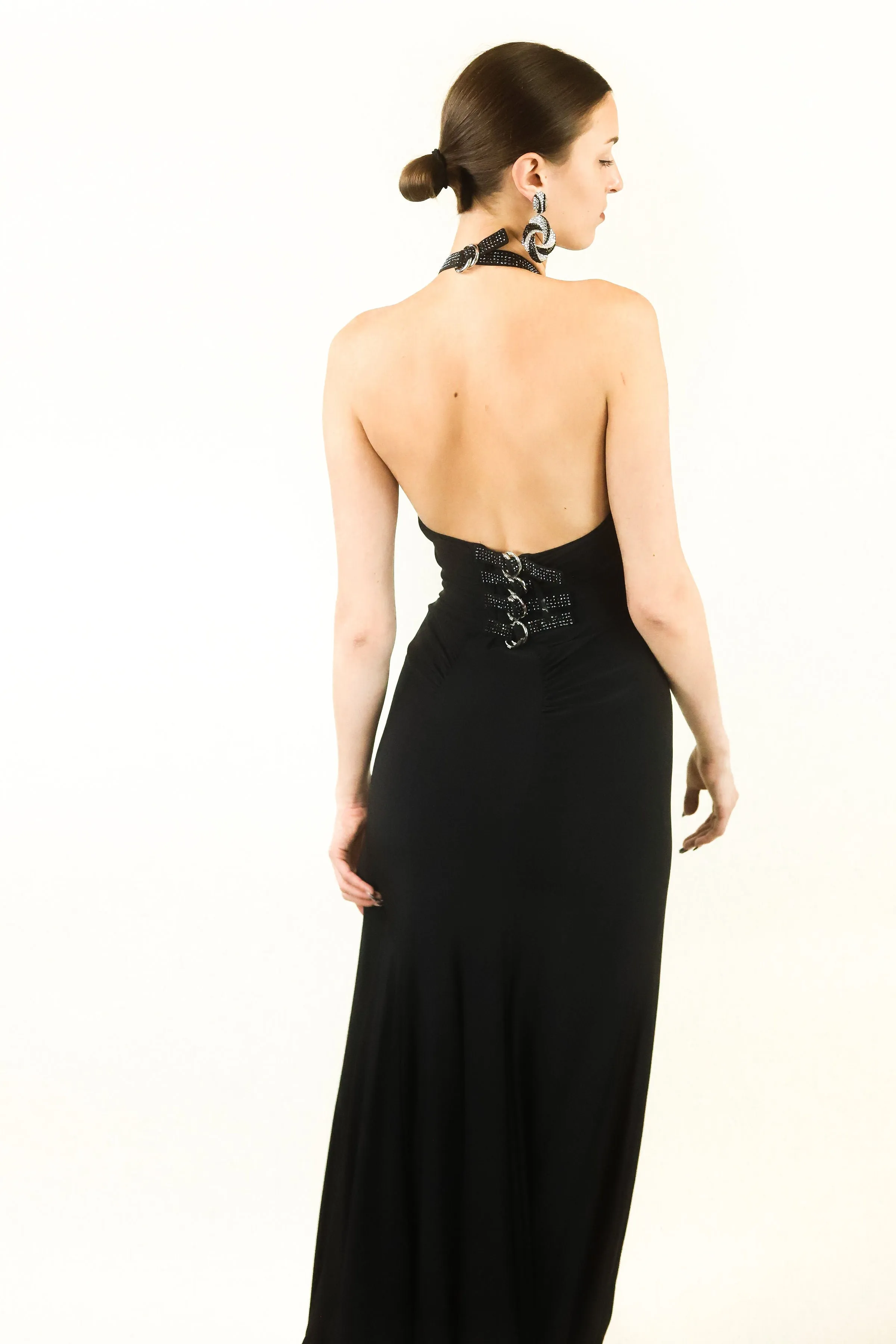 Versace Bondage & Rhinestone Buckle Halter Neck Gown