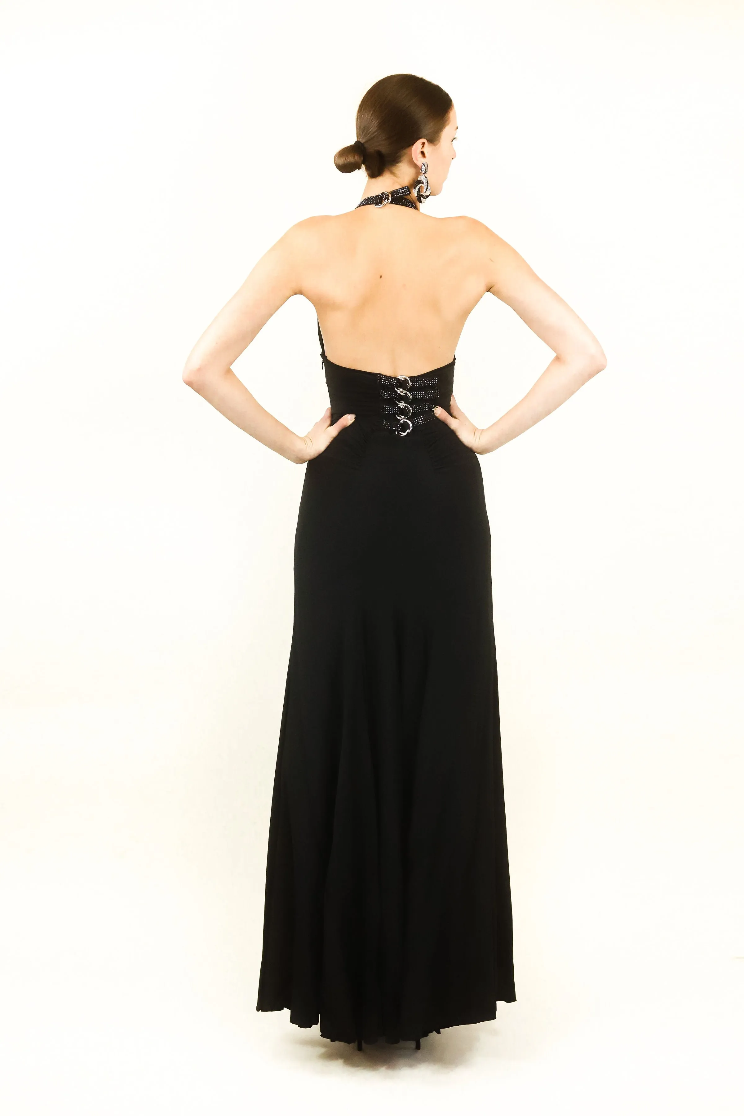 Versace Bondage & Rhinestone Buckle Halter Neck Gown