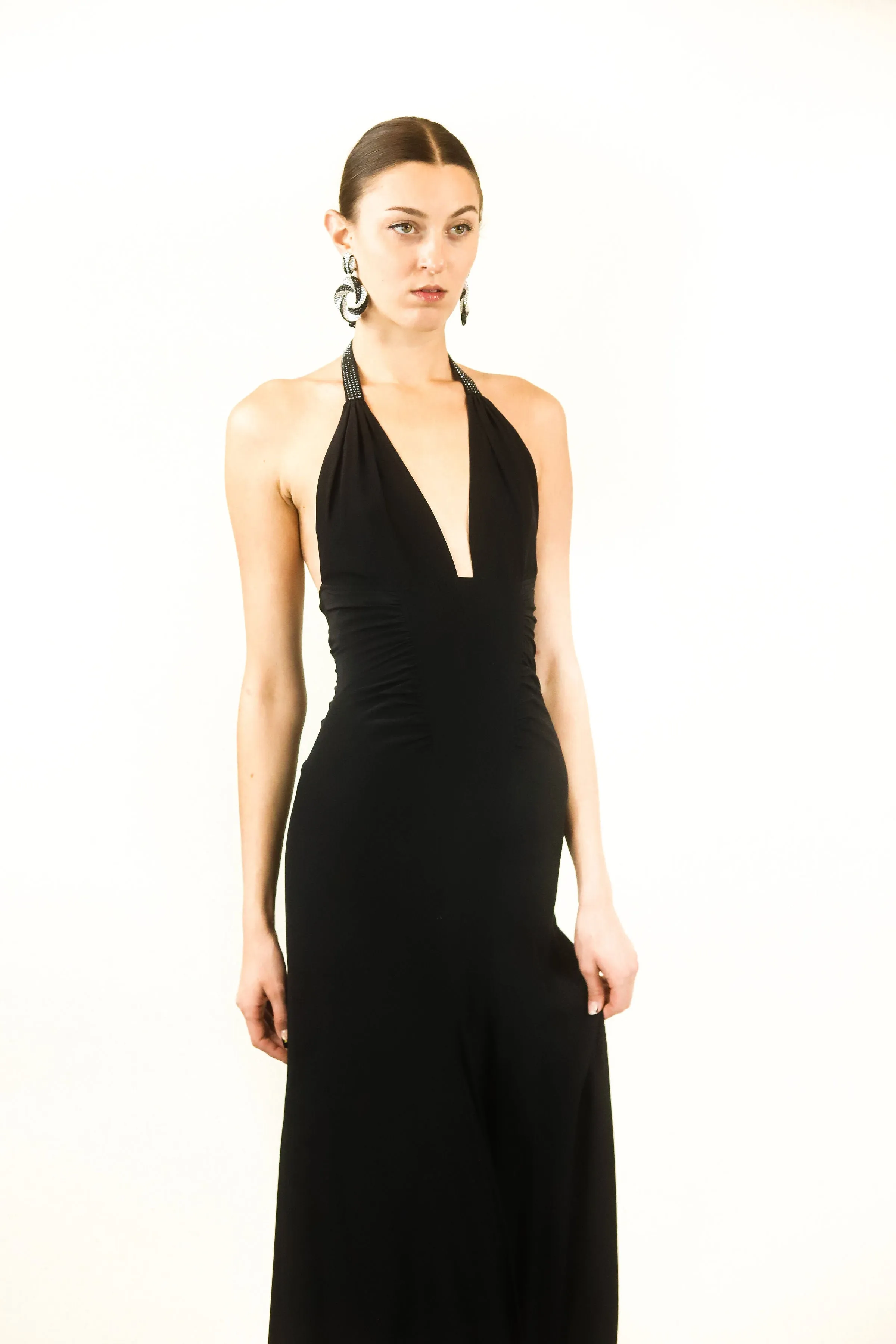 Versace Bondage & Rhinestone Buckle Halter Neck Gown