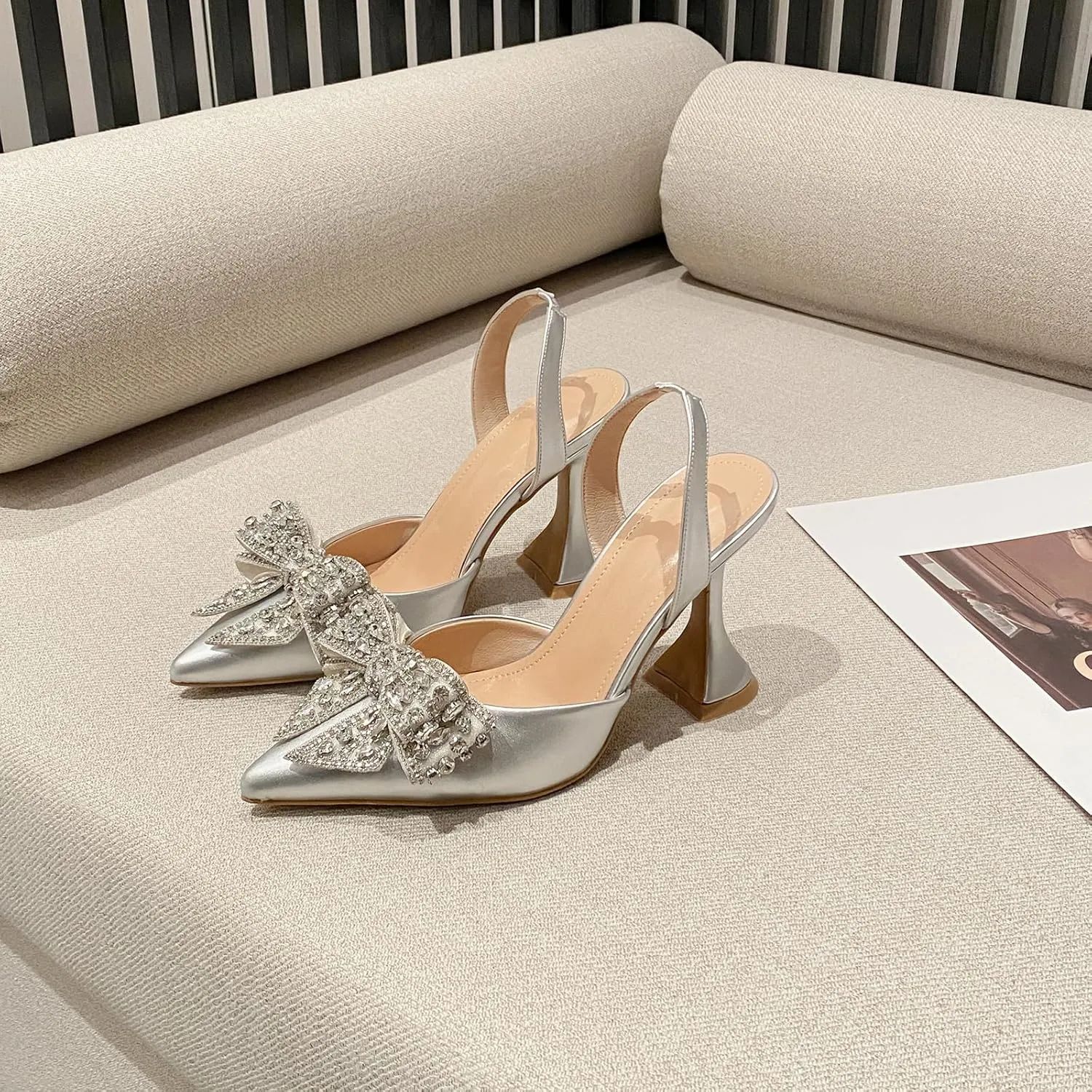 Women's Bow Pointed Toe High Heels Rhinestone Elastic Strap Slip On Slingback Shoes for Wedding Party Prom Bridesmaid Work