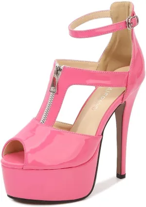 Women's Platform Chunky High Heels Dress Sandals Peep Toe Ankle Strap Wedding Party Evening Shoes with Front Zipper Sexy Stripper Club Pole Dance