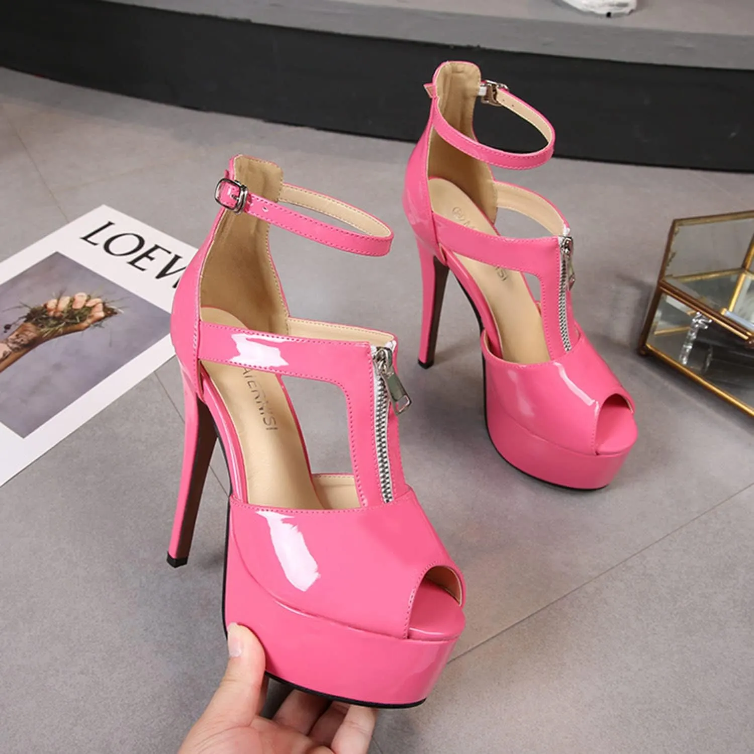 Women's Platform Chunky High Heels Dress Sandals Peep Toe Ankle Strap Wedding Party Evening Shoes with Front Zipper Sexy Stripper Club Pole Dance