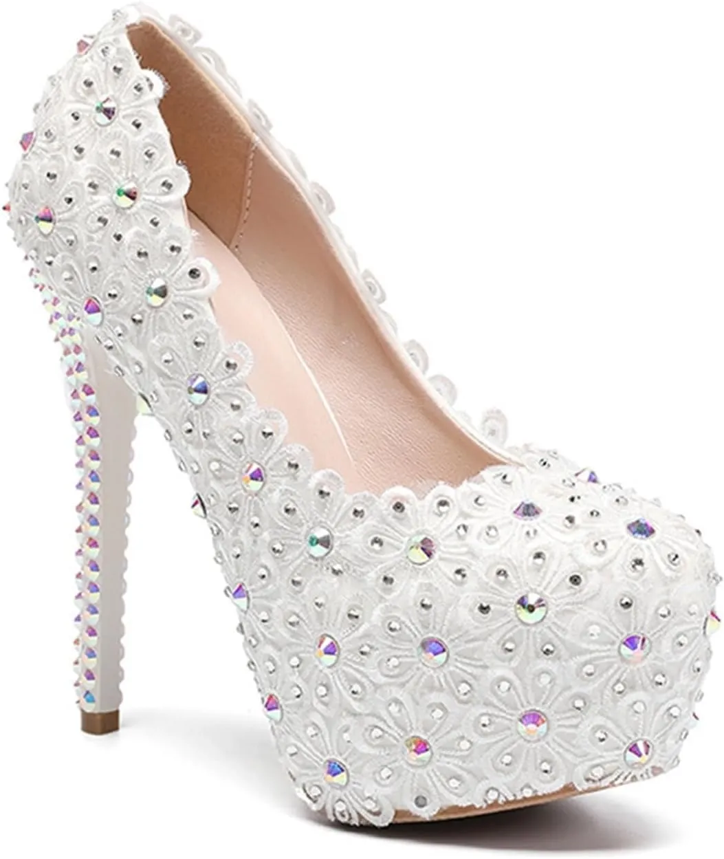 Women's Platform Pumps Closed Toe Lace Satin Wedding Shoes Shallow Slip-on Wedding Party Evening Dress Stage Performance Pumps